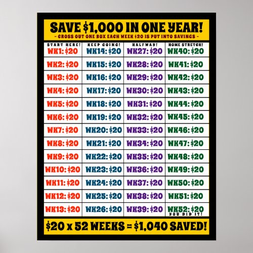 Save 1000 in One Year Money Goals Poster