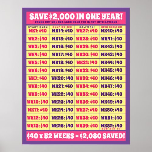 Save 2000 in One Year Money Goals Pink  Purple Poster