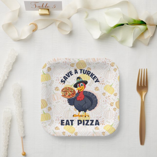 Save A Turkey Eat Pizza Funny Happy Thanksgiving Paper Plates (Wedding)