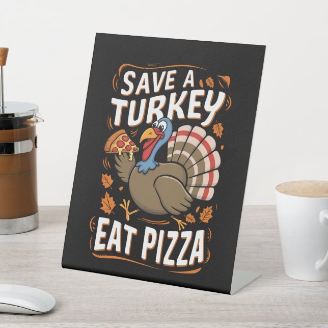 Save A turkey Eat Pizza Funny Thanksgiving Costume Pedestal Sign (In SItu)