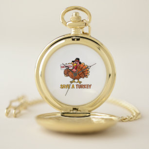 Save A Turkey Eat Pizza Funny Thanksgiving Oversiz Pocket Watch