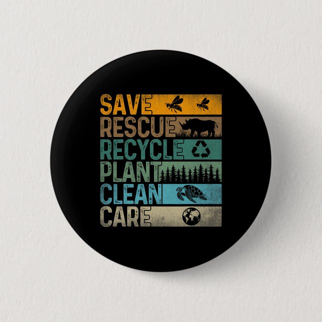 Save Bees Rescue Animals Recycle Plastics Fun Eart Button (Front)