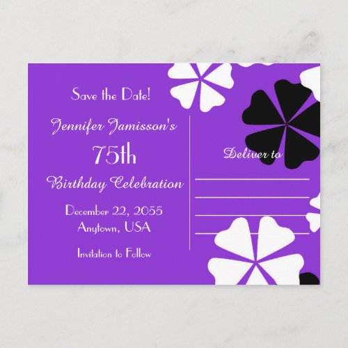 Save Date 75th Birthday Party Purple Announcement Postcard