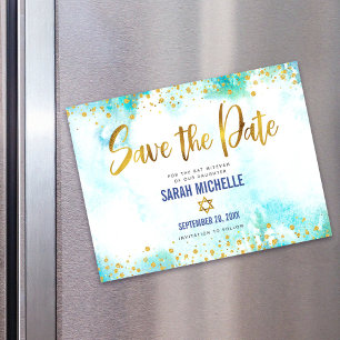 Save Date Bat Mitzvah Gold Turquoise Watercolor Magnetic Invitation