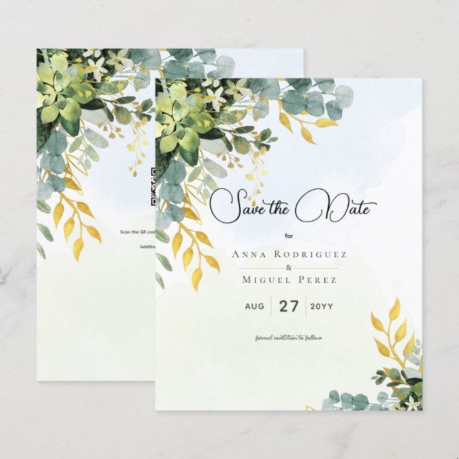 Save Date Eucalyptus Green Gold Wedding Greenery  (Front/Back)