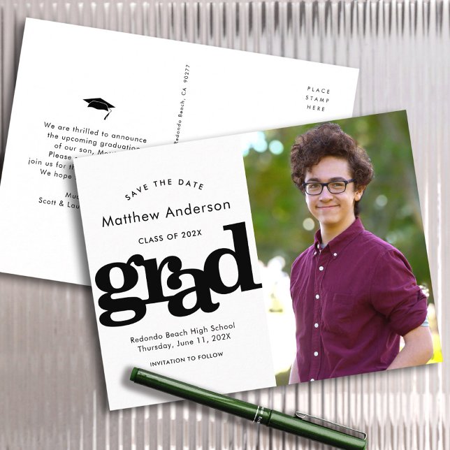 Save date graduation photo black white typography invitation postcard (Creator Uploaded)