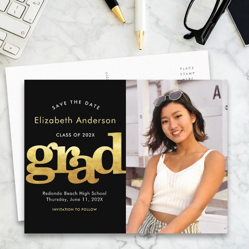 Save date graduation photo gold black typography invitation postcard