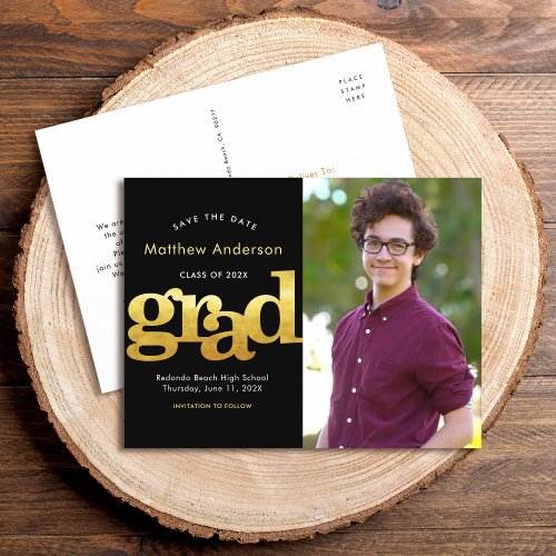 Save date graduation photo gold typography black invitation postcard