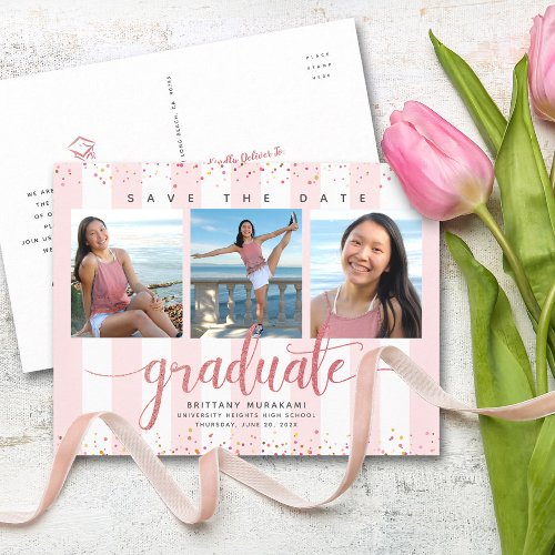 Save date graduation photo modern rose gold script invitation postcard