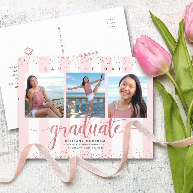 Save date graduation photo modern rose gold script invitation postcard (Creator Uploaded)