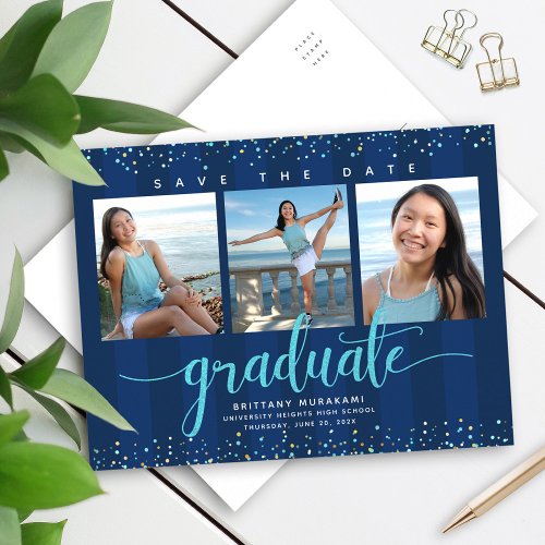 Save date graduation photo turquoise script navy invitation postcard