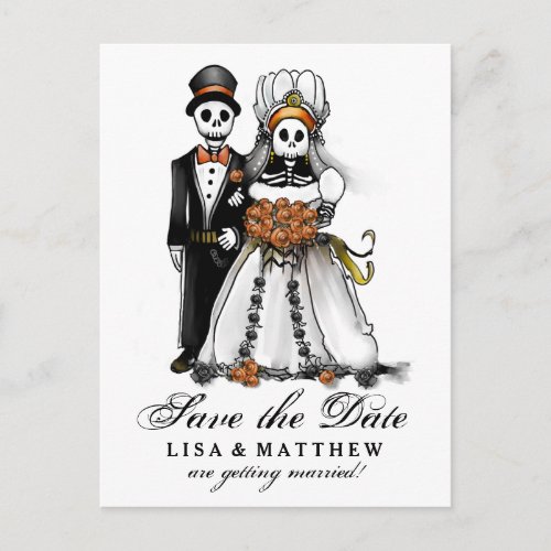 Save Date Halloween Skeletons Orange PostCard
