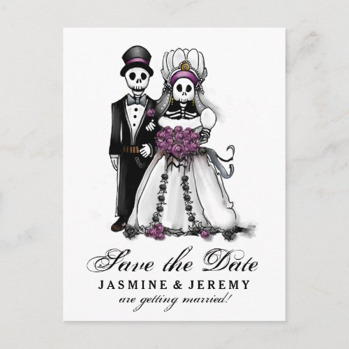 Save Date Halloween Skeletons Purple PostCard