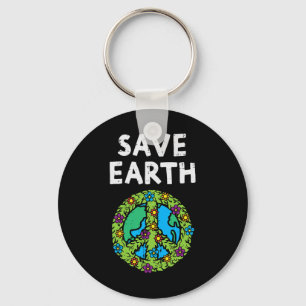 Save Earth Peace Symbol Sign Flowers Environmental Keychain