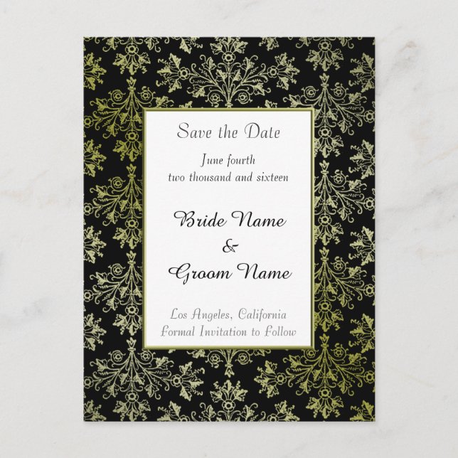 Save Elegant the Date Golden Damask Pattern Card (Front)