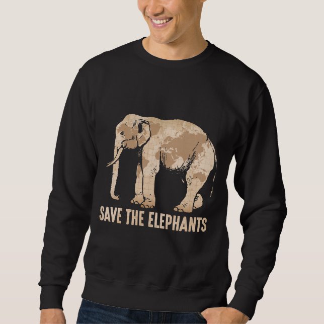 Save Elephants Love Animal welfare Retro World Map Sweatshirt (Front)