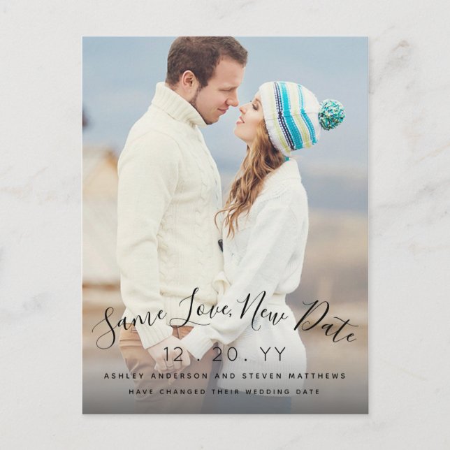 Save Love New Date Script Photo Wedding Postponed Postcard (Front)