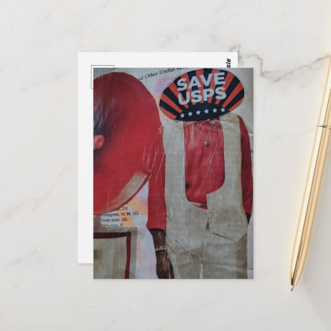 Save Mail Surreal man Mixed Media Collage Postcard (Front/Back In Situ)