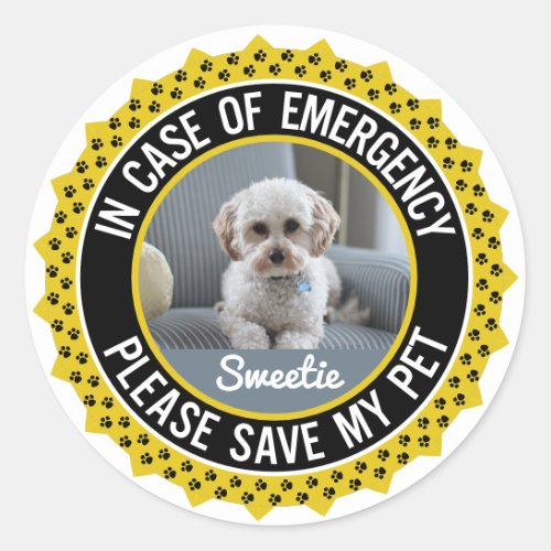 Save My Pet Safety Alert Name Photo Custom Color Classic Round Sticker