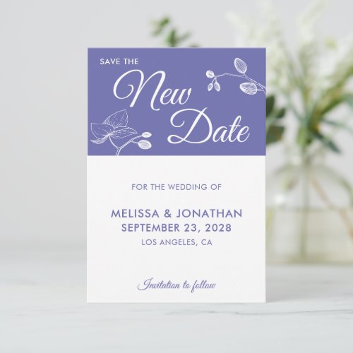 Save New Date wedding postponement floral purple