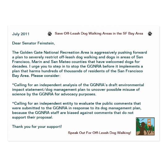 Save Off Leash Dog Walking Senator Feinstein Postcard