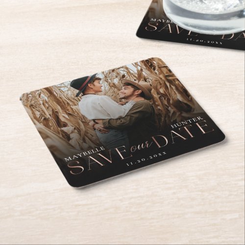 Save Our Date  Black  Rose Gold Couple Photo Square Paper Coaster