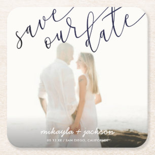 Save Our Date Black & White Script Announcement Square Paper Coaster