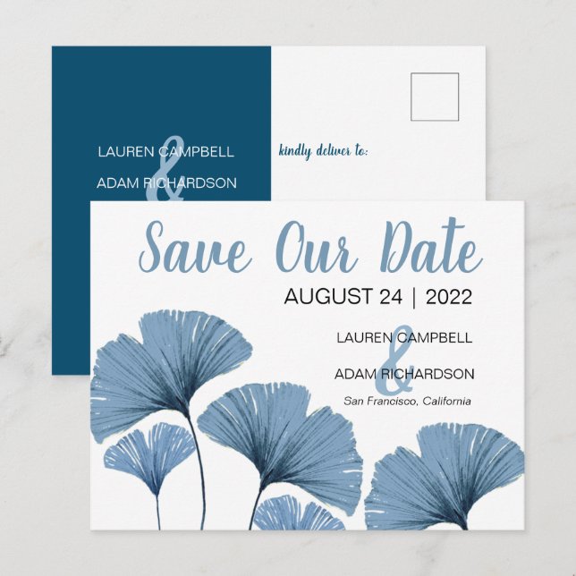 Save Our Date Blue & White Wedding  Announcement Postcard (Front/Back)