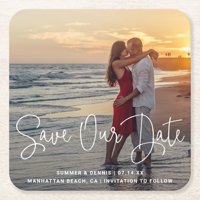 Save Our Date Elegant Script Photo Save the Date Square Paper Coaster (Front)