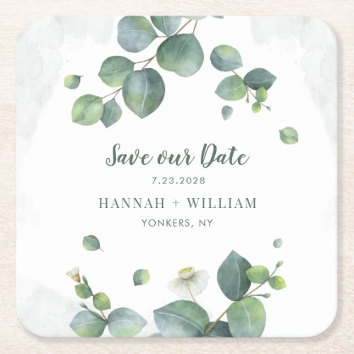 Save our Date Eucalyptus Floral Succulent Script Square Paper Coaster