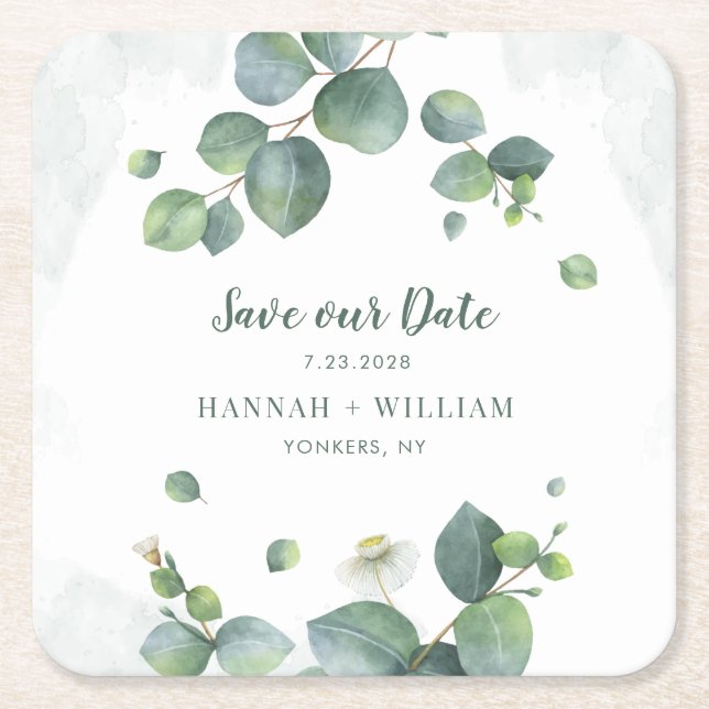 Save our Date Eucalyptus Floral Succulent Script Square Paper Coaster (Front)