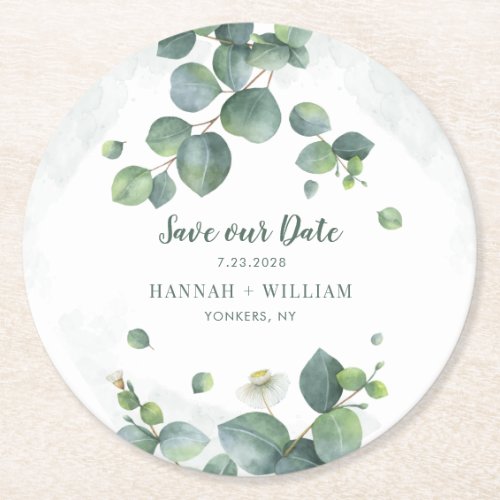 Save our Date Eucalyptus Greenery Succulent Script Round Paper Coaster