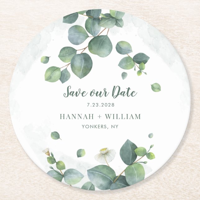Save our Date Eucalyptus Greenery Succulent Script Round Paper Coaster (Front)