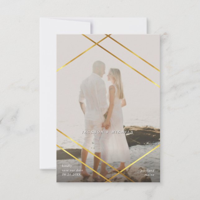 Save Our Date Geometric Gold Frame Announcement (Front)