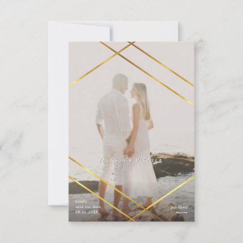 Save Our Date Geometric Gold Frame Announcement