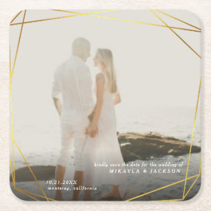 Save Our Date Geometric Gold Prism Photo Frame Square Paper Coaster