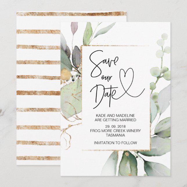 Save Our Date Gold Eucalyptus Wedding Engagement Invitation (Front/Back)