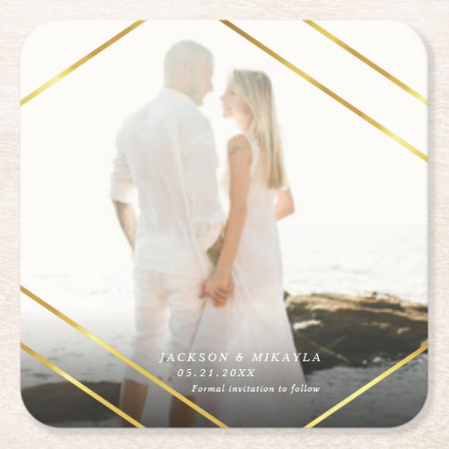 Save Our Date Gold Geometric Photo Announcement Square Paper Coaster