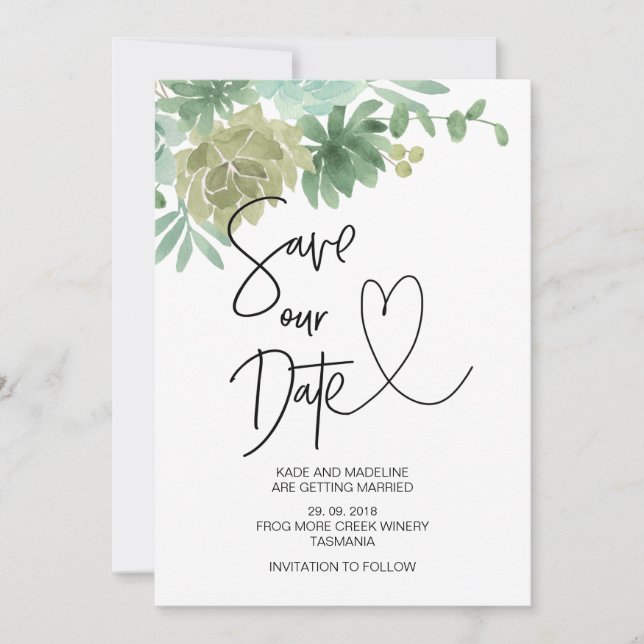 Save Our Date Green Succulent Wedding Invitation (Front)
