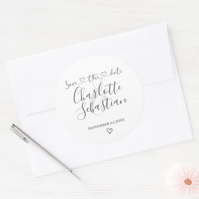 Save Our Date Handwritten Heart Personalized Classic Round Sticker (Envelope)
