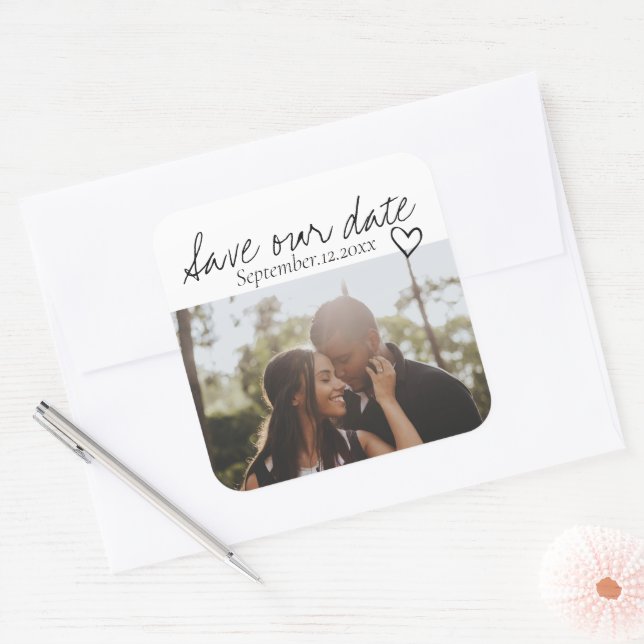 Save Our Date Handwritten Personalized Photo Square Sticker (Envelope)