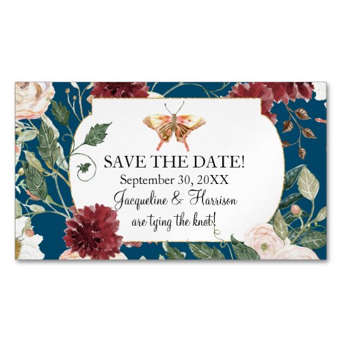 Save Our Date Peacock Blue Butterfly Garden Floral Business Card Magnet