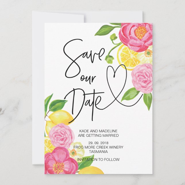 Save Our Date Pink and Lemon Floral Wedding Invitation (Front)