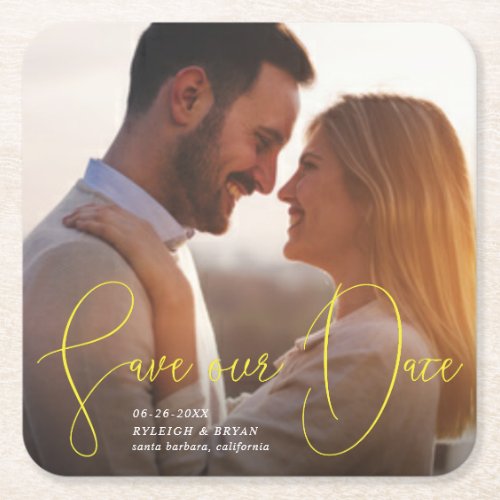 Save Our Date Refined Lines Smooth Handwriting Square Paper Coaster