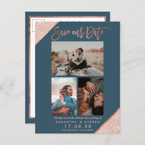 Save our date rose gold blue photo grid collage announcement postcard