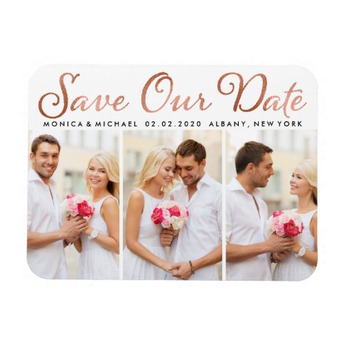 Save Our Date Rose Gold Foil Script Photo Magnet