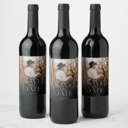 Save Our Date Rose Gold Full Photo Black Gradient Wine Label