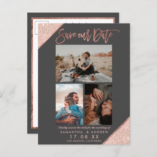Save our date rose gold gray photo grid collage announcement postcard