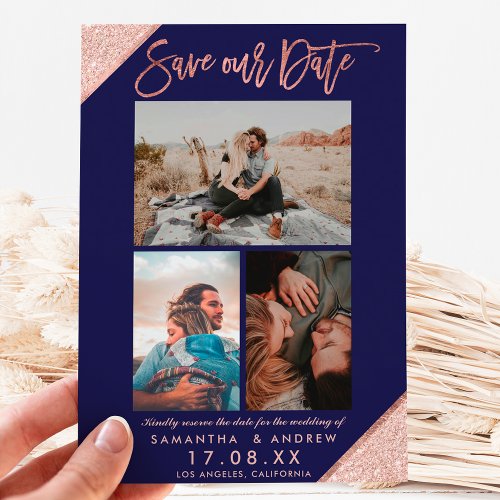 Save our date rose gold navy photo grid collage announcement postcard