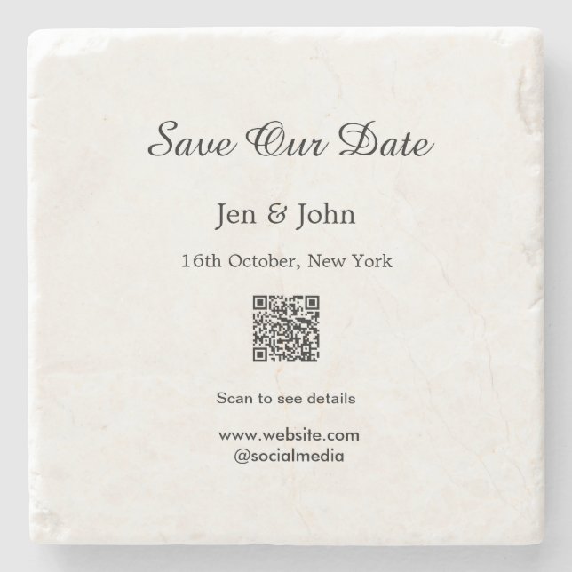 Save our date Scan QR for details name date webite Stone Coaster (Front)